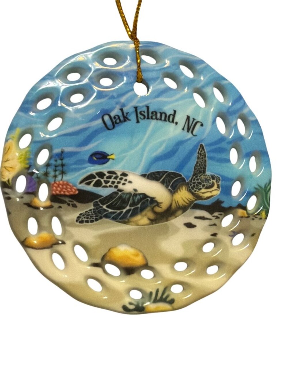 Sea Turtle Ceramic Ornament Oak Island NC Cord Christmas Double Sided 3" NWOT - Picture 2 of 4